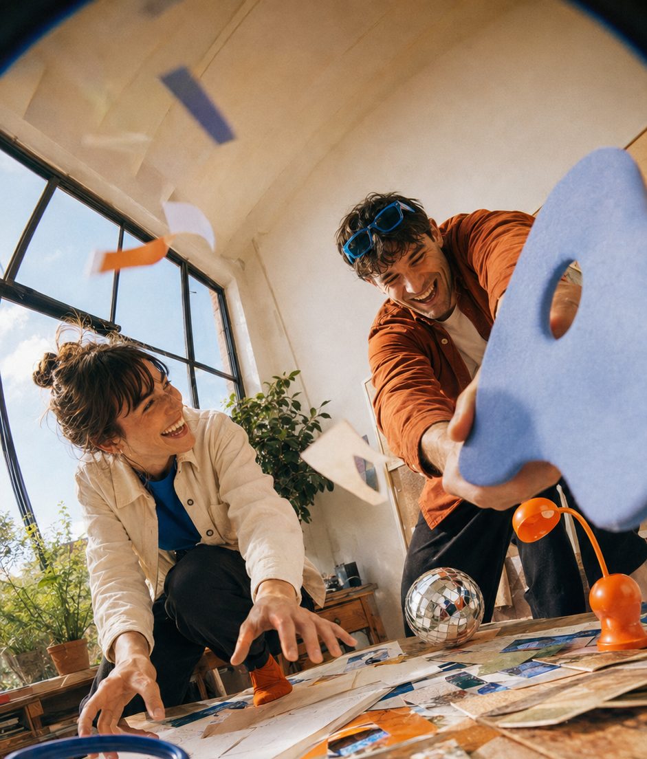 Twee mensen werken enthousiast samen aan een tafel vol materiaal
